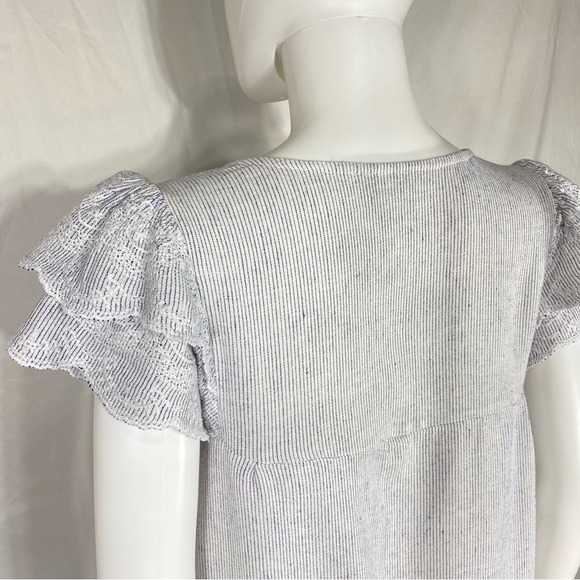 Old Navy White w/ Navy Blue Pin Stripe Scalloped Ruffle Sleeve Linen Blend Dress - Picture 5 of 7